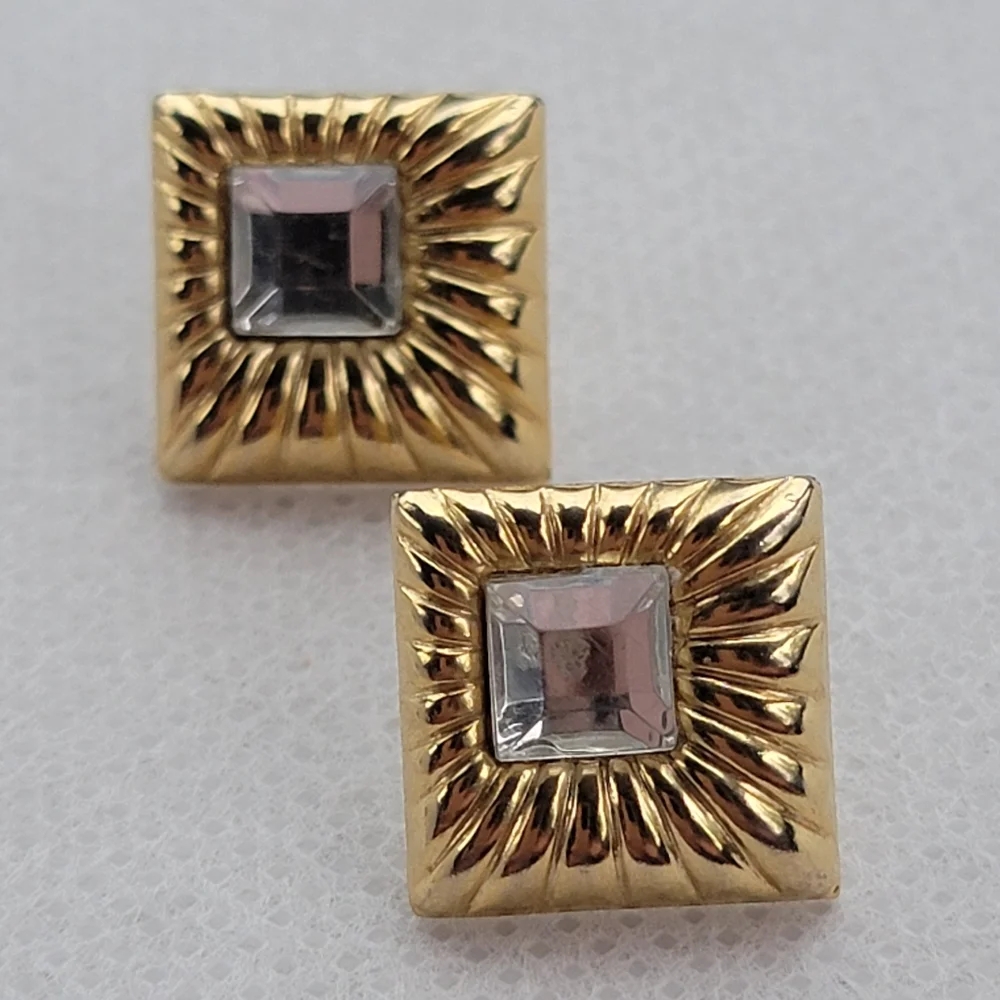 Vintage Classic Gold Square Rhinestone Earrings